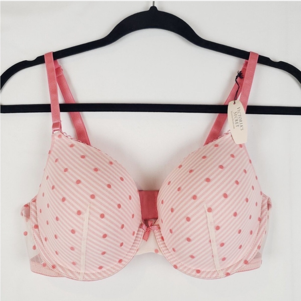 Victoria Secret Demi Bra 36B Multiway Straps No Wire Pink & White Polka Dots
